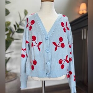 Cherry Patterned Blue Sweater Girls Large 10/12 Art Class